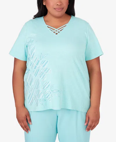 Alfred Dunner Plus Size Hyannisport Embroidered Flower T-shirt In Seafoam