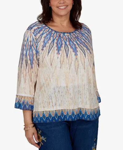 Alfred Dunner Plus Size Ikat-print Scoop-neck 3/4-sleeve Blouse In Blue Multi