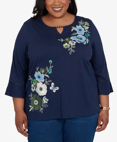 Alfred Dunner Plus Size Indigo Girls Asymmetric Sequin Flowers Knit Top In Blue