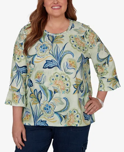 Alfred Dunner Plus Size Indigo Girls Bold Meadow Floral Knit Top In Green