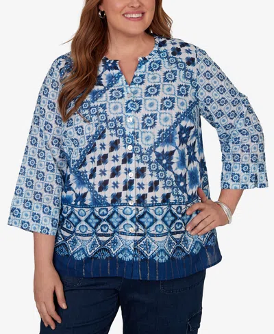 Alfred Dunner Plus Size Indigo Girls Ikat Tie-dye Patchwork Henley Top In Blue