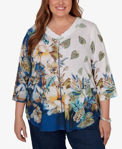 Alfred Dunner Plus Size Indigo Girls Placed Texture Floral Knit Top In White