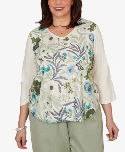 Alfred Dunner Plus Size Indigo Girls Sequined Floral Mesh Overlay Knit Top In White