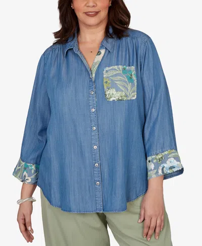 Alfred Dunner Plus Size Indigo Girls Soft Lyocell Denim Sequined Button Front Top In Blue