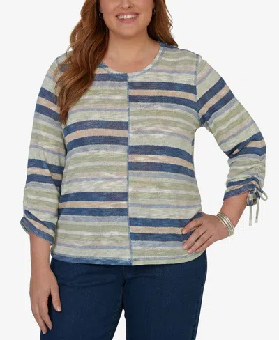 Alfred Dunner Plus Size Indigo Girls Spliced Multi Stripe Knit Top In Blue