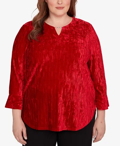Alfred Dunner Plus Size Jet Setter Crushed Velvet Henley Tie Sleeve Top In Red