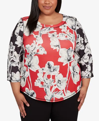 Alfred Dunner Plus Size Jet Setter Dynamic Floral Vintage Watercolor Top In Red