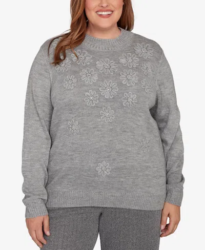 Alfred Dunner Plus Size Jet Setter Floral Soutache Embroidered Sweater In Gray