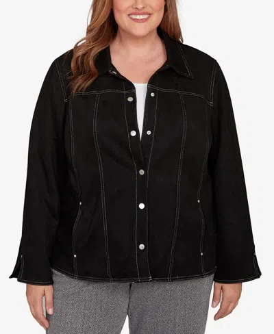 Alfred Dunner Plus Size Jet Setter Print Lining Faux Suede Jacket In Black