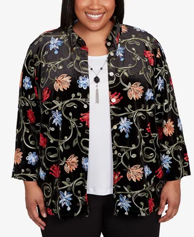 Alfred Dunner Plus Size Jet Setter Rich Velvet Floral Two In One Top With Necklace In Black