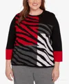 Alfred Dunner Plus Size Jet Setter Zebra Colorblock Long Sleeve Sweater In Multi