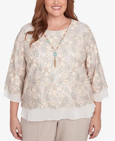 Alfred Dunner Plus Size Kensington Gardens Floral Lace Woven Trim Top With Necklace In Neutral Multi