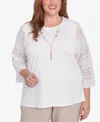 Alfred Dunner Plus Size Kensington Gardens Solid Lace Sleeve Knit Top With Necklace In Ivory