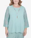 Alfred Dunner Plus Size Kensington Gardens Solid Lace Sleeve Knit Top With Necklace In Pistachio