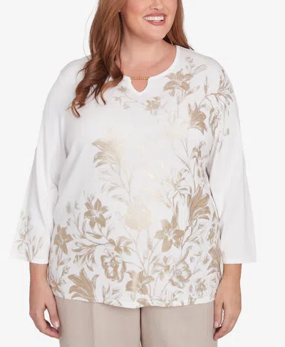 Alfred Dunner Plus Size Kensington Gardens Split Neck Botanical Gold Foil Print Sweater In Neutral Multi