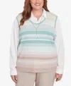 Alfred Dunner Plus Size Kensington Gardens Striped Vest Collared Two In One Sweater With Necklace In Neutral Multi