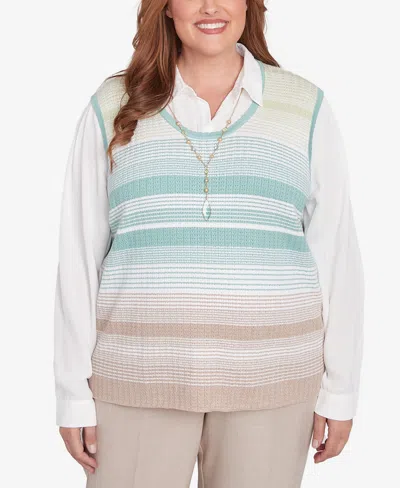 Alfred Dunner Plus Size Kensington Gardens Striped Vest Collared Two In One Sweater With Necklace In Neutral Multi