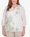 Alfred Dunner Plus Size Kensington Gardens Textured Knit Scroll Split Neck Top In Neutral Multi