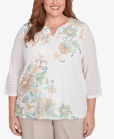 Alfred Dunner Plus Size Kensington Gardens Textured Knit Scroll Split Neck Top In Neutral Multi