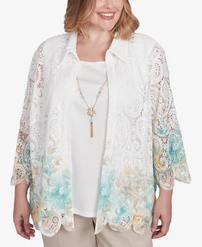 Alfred Dunner Plus Size Kensington Gardens Two In One Lace Floral Top With Necklace In Neutral Multi