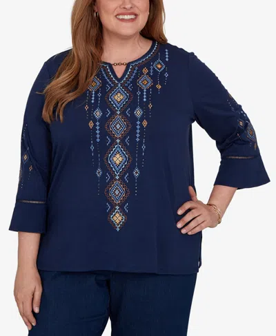 Alfred Dunner Plus Size Keyhole Neck 3/4-length Bell-sleeve Top In Blue