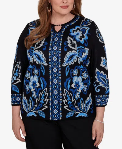 Alfred Dunner Plus Size Keyhole Neck 3/4-sleeve Pullover Sweater In Saphire