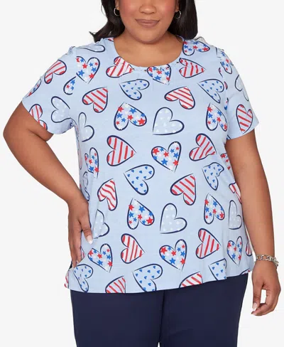 Alfred Dunner Plus Size Lady Liberty American Flag Hearts Printed T-shirt In Blue