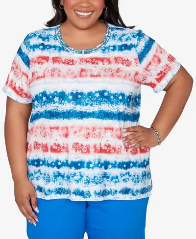 Alfred Dunner Plus Size Lady Liberty Americana Tie Dye Stripes T-shirt In Multi