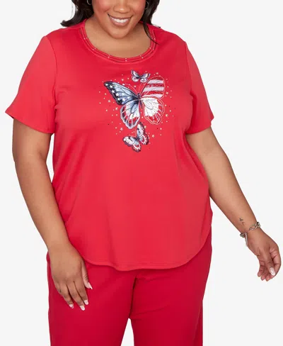 Alfred Dunner Plus Size Lady Liberty Sparkling Americana Butterfly Crewneck T-shirt In Red