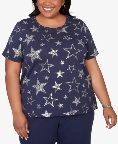 Alfred Dunner Plus Size Lady Liberty Sparkling Foil Stars Crewneck T-shirt In Blue