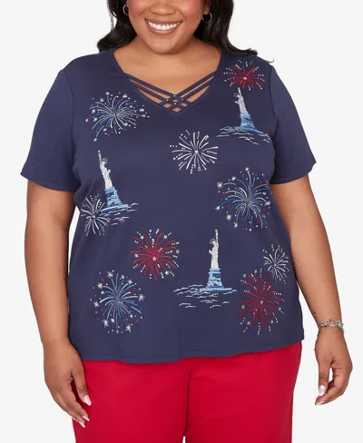 Alfred Dunner Plus Size Lady Liberty Statue Of Liberty Fireworks V-neck T-shirt In Blue