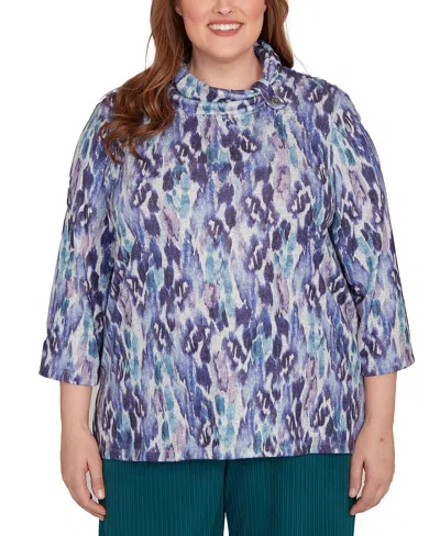 Alfred Dunner Plus Size Lake Champlain Animal Melange Three Quarter Sleeve Top In Purple