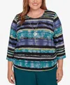 Alfred Dunner Plus Size Lake Champlain Biadere Melange Stripe Top With Necklace In Blue