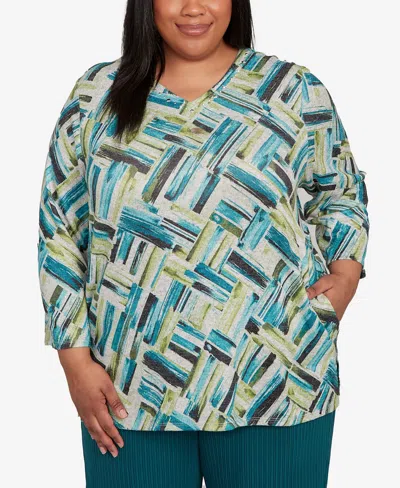 Alfred Dunner Plus Size Lake Champlain Detailed V Neck Brushstroke Top In Multi