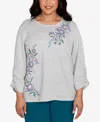 Alfred Dunner Plus Size Lake Champlain Embroidered Flowers Top With Side Tie Ruching In Gray