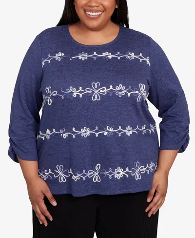 Alfred Dunner Plus Size Lake Champlain Embroidered Scroll Ruched Sleeve Top In Purple