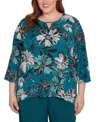 Alfred Dunner Plus Size Lake Champlain Floral Printed Beaded Neck Top In Blue