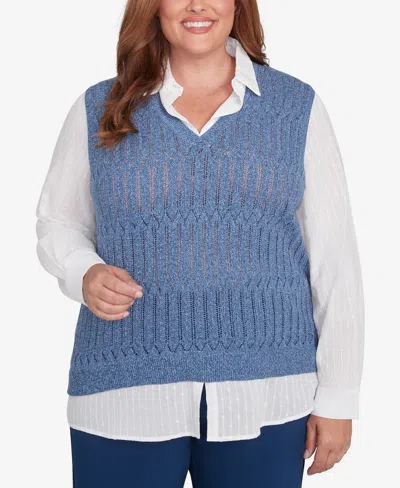 Alfred Dunner Plus Size Lake Victoria Collared Vest Two In One Sweater In Blue