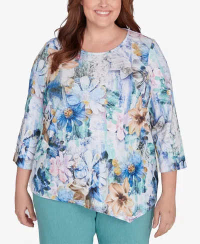 Alfred Dunner Plus Size Lake Victoria Watercolor Floral Asymmetric Hem Top In Multi Blue