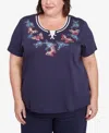 Alfred Dunner Plus Size Land Of The Free Butterfly Criss-cross Crew Neck Top In Navy