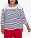 Alfred Dunner Plus Size Land Of The Free Striped Star-studded Crew Neck Top In Navy Multi