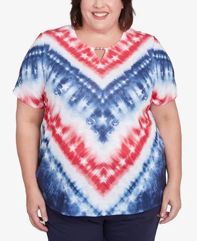 Alfred Dunner Plus Size Land Of The Free Tie Dye American Chevron Top In Multi Red