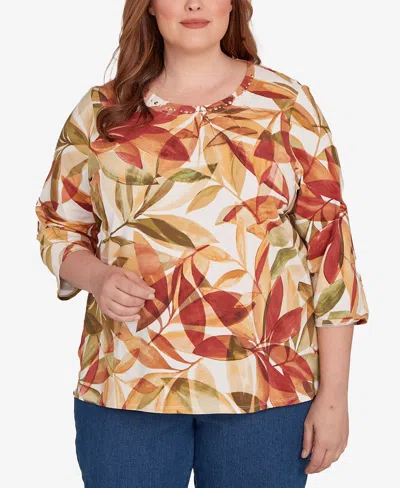 Alfred Dunner Plus Size Leaf Pleated Crew Neck Top In Multi