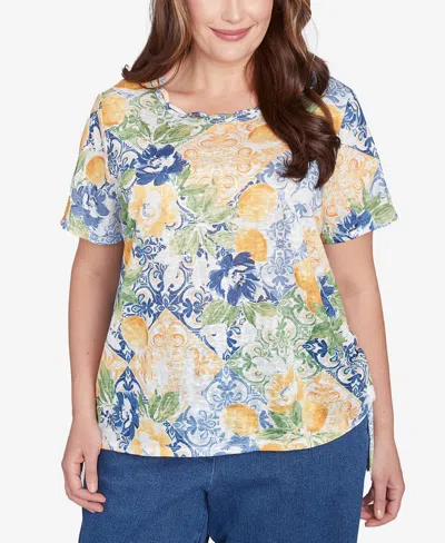 ALFRED DUNNER PLUS SIZE LEMON TILE KNOTTED CREW NECK TOP
