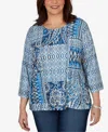 Alfred Dunner Plus Size Medallion Navy Patchwork Knit Top In Blue