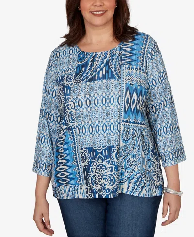 Alfred Dunner Plus Size Medallion Navy Patchwork Knit Top In Blue