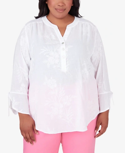 Alfred Dunner Plus Size Miami Beach Embroidered Floral Blouse In White