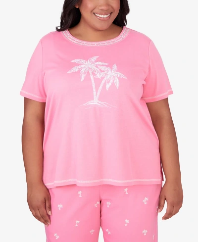 Alfred Dunner Plus Size Miami Beach Embroidered Palm Tree Short Sleeve Top In Pink