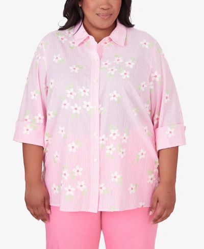 Alfred Dunner Plus Size Miami Beach Pinstripe Floral Embroidery Blouse In Pink