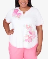 ALFRED DUNNER PLUS SIZE MIAMI BEACH SHORT SLEEVE FLORAL APPLIQUE TOP